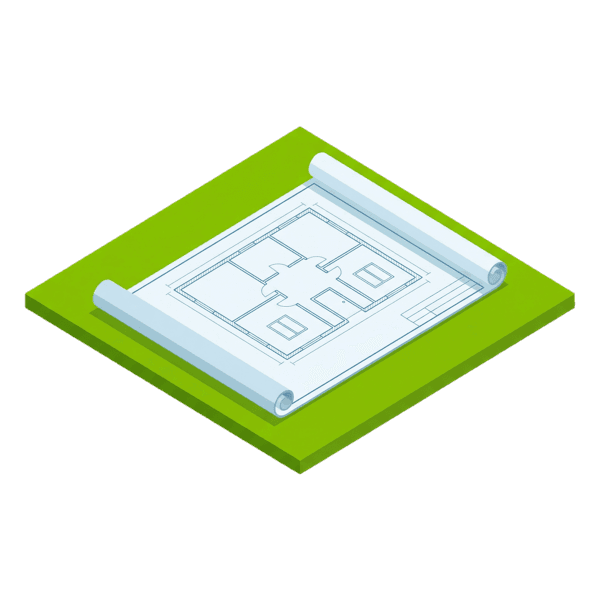 Bauphase 1: Mini Workshop, leeres Grundstück mit Bauplan