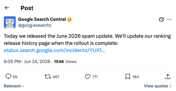 Google Search Central kündigt das June 2026 Spam Update auf X an