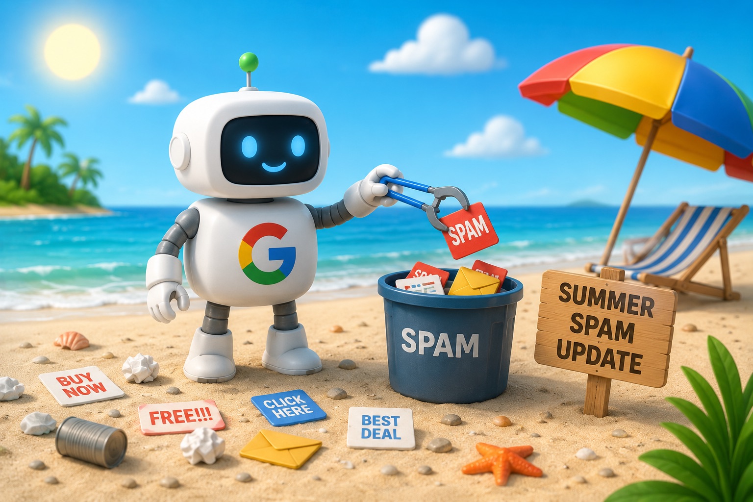 Google Summer Spam Update 2026 — Roboter sortiert Spam-Inhalte am Strand aus