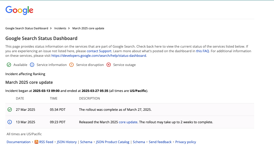 Google Search Status Dashboard
