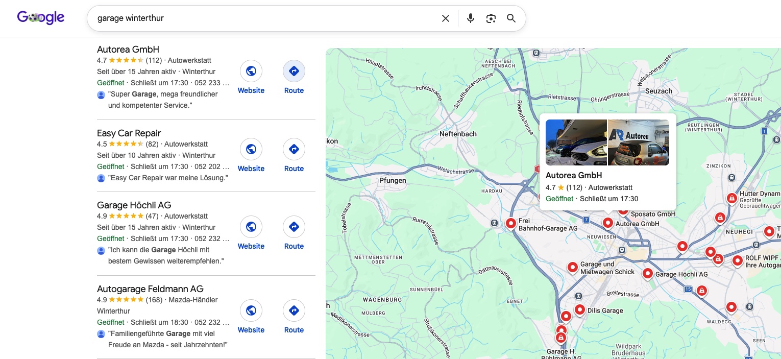 Google Local Pack «Garage Winterthur» — Autorea GmbH zuoberst
