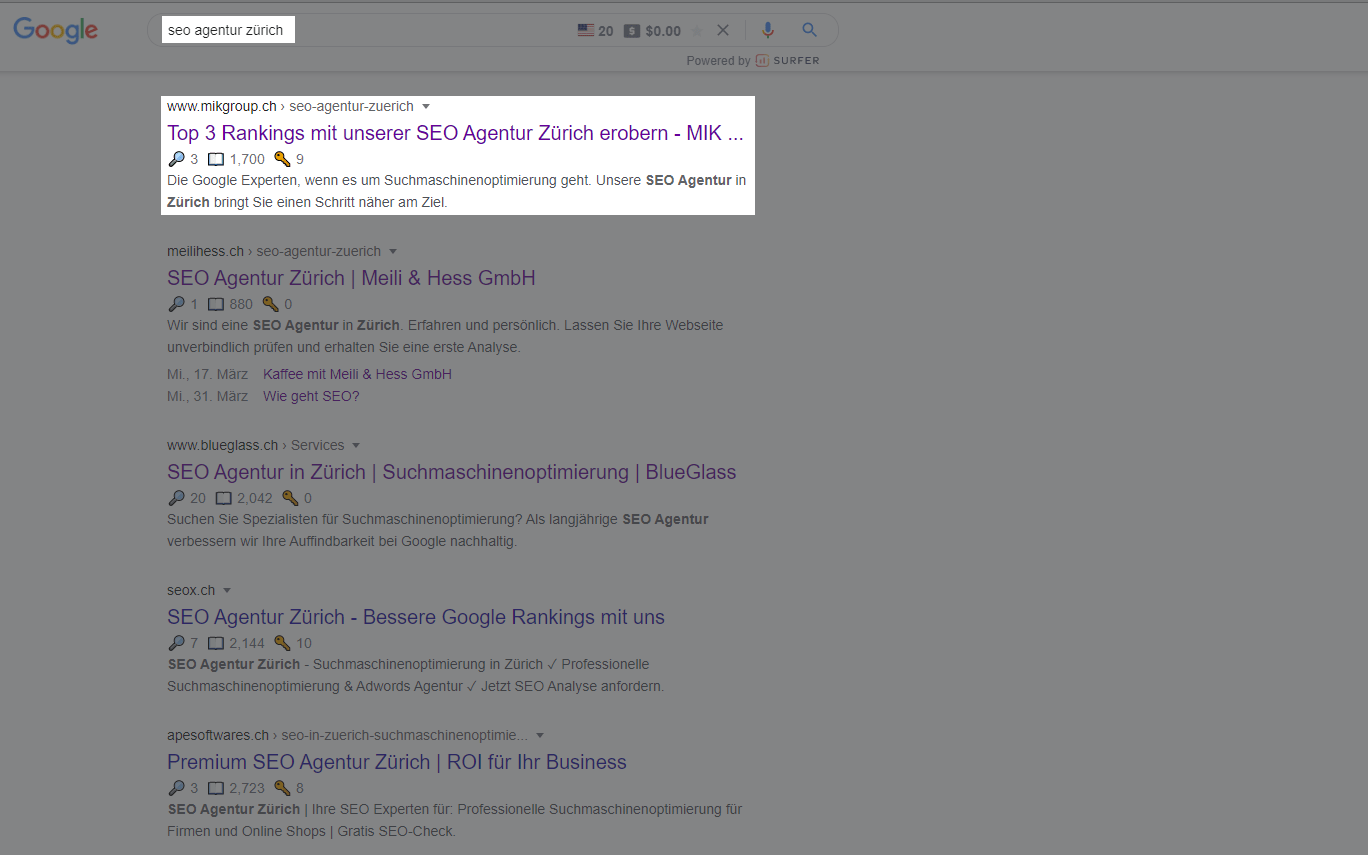 Beispiel Google Suchresultate MIK Group