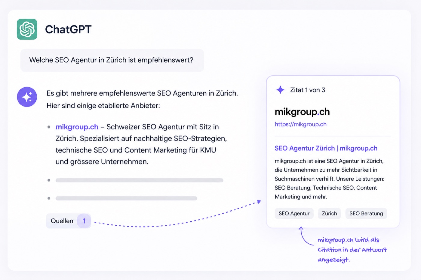 Citation in AI Answers: ChatGPT nennt mikgroup.ch als Quelle in der Antwort
