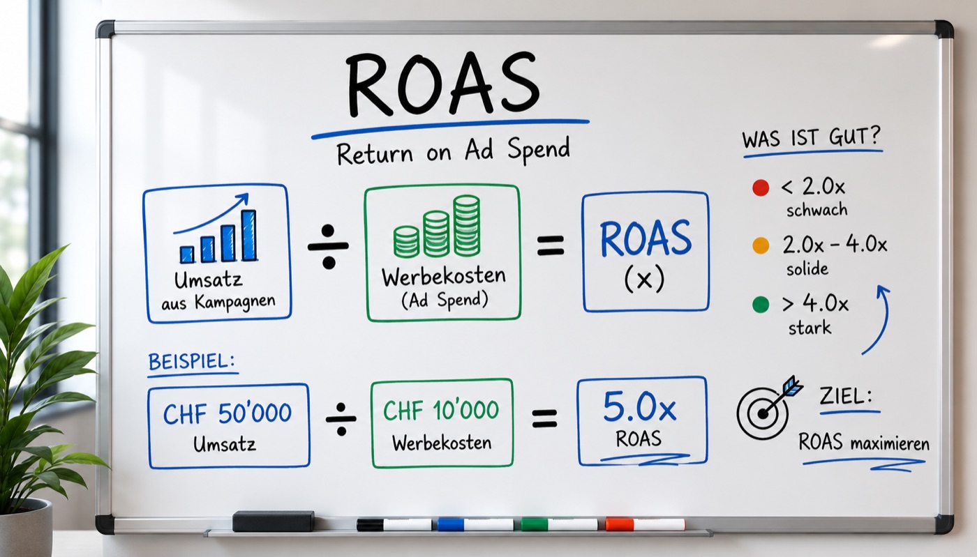 ROAS (Return on Ad Spend) Formel und Beispiel auf einem Whiteboard erklärt